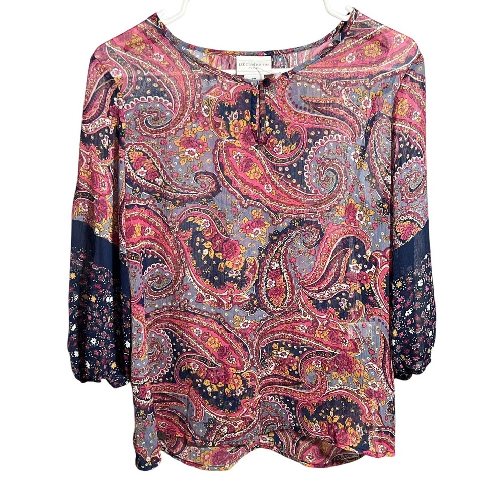 Liz Claiborne Petite PM Paisley Floral Blouse Top Pink Navy Blue Sheer‎ Peasant